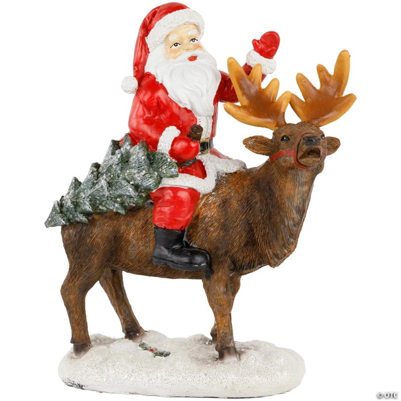 Santa Claus on a Reindeer Holding a Frosted Pine Tree Christmas Figurine - 8.25