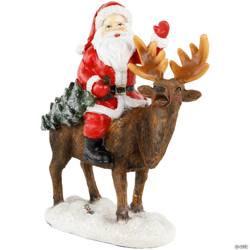Santa Claus on a Reindeer Holding a Frosted Pine Tree Christmas Figurine - 8.25