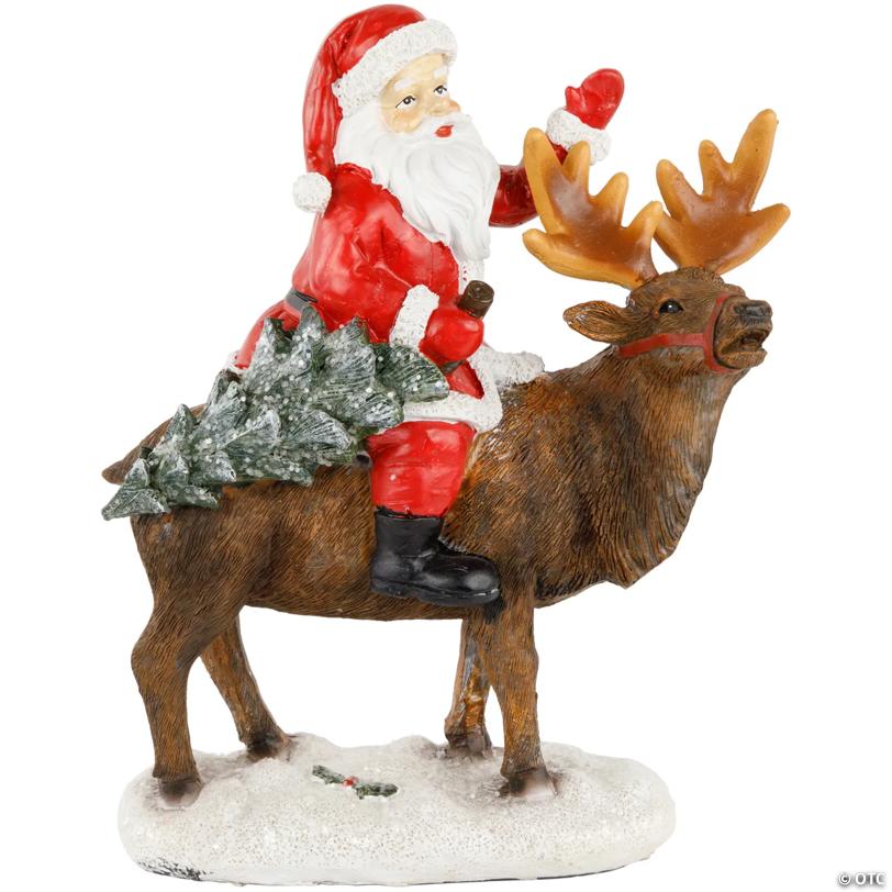 Santa Claus on a Reindeer Holding a Frosted Pine Tree Christmas Figurine - 8.25