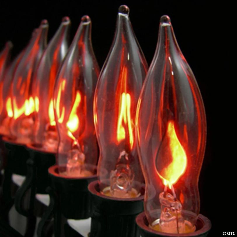 Set of 10 Flickering Amber Flame C7 Halloween Lights - 9' Green Wire