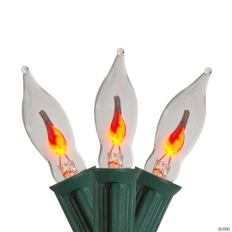 Set of 10 Flickering Amber Flame C7 Halloween Lights - 9' Green Wire