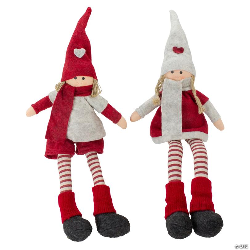 Set of 2 Plush Red and Beige Boy and Girl Sitting Christmas Doll Decorations 19