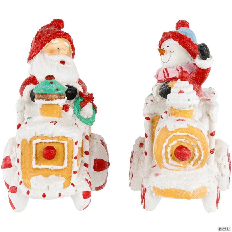Set of 2 Santa and Snowman on Gingerbread Trains Christmas Figures - 6.75