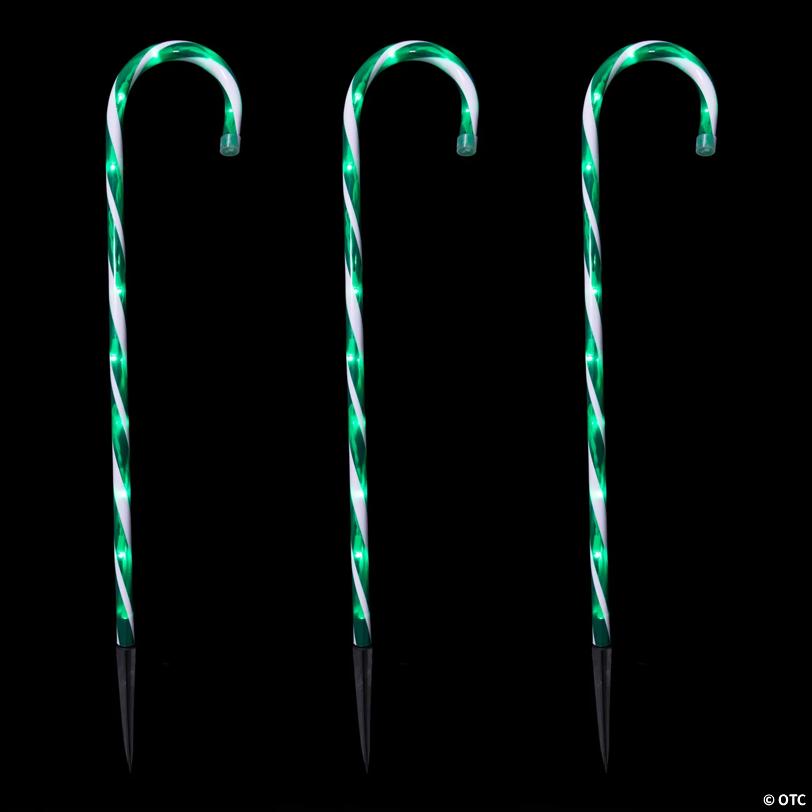 Set of 3 Green and White Twinkle Candy Cane Pathway Markers 26
