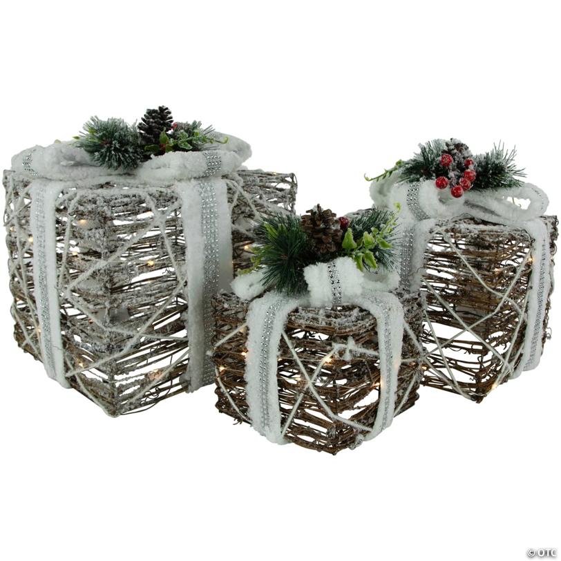 Set of 3 LED Lighted Gift Boxes with Pine and Berries Christmas Decorations 9.75