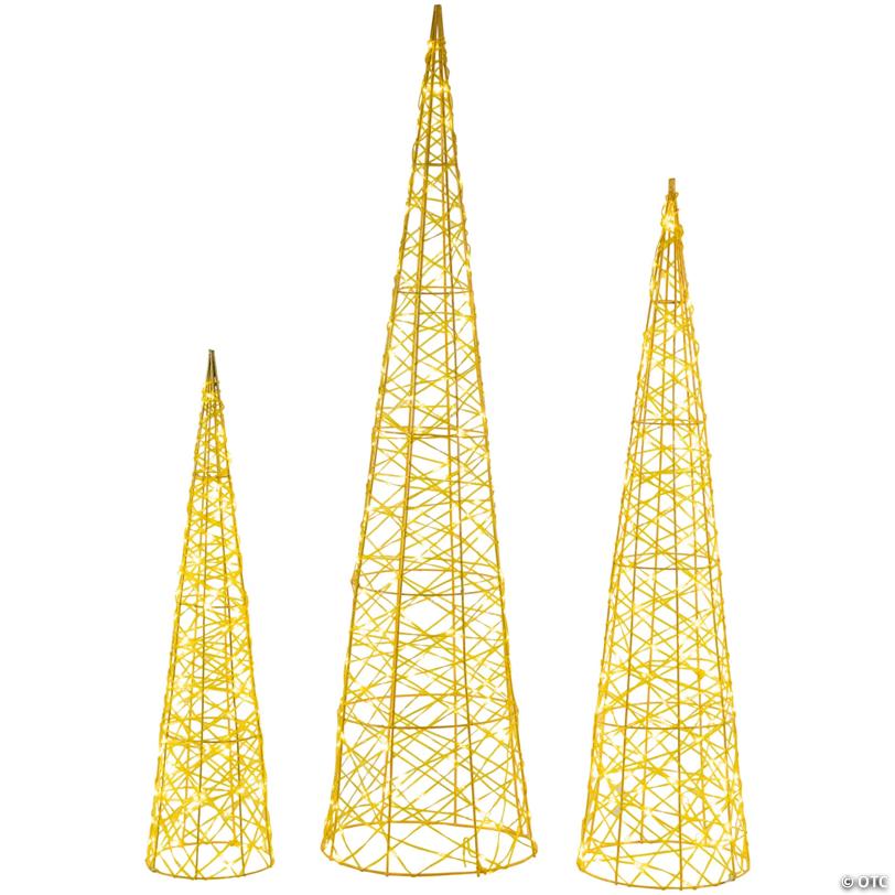 Set of 3 LED Twinkle Lighted Gold Mesh Cone Trees Outdoor Christmas Decorations 39.5