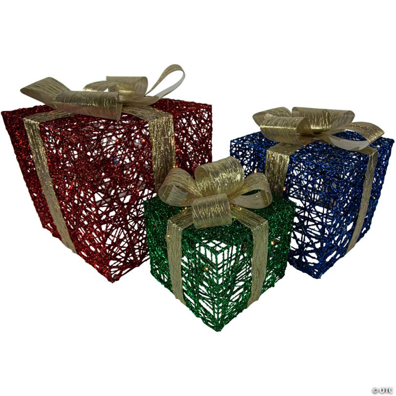 Set of 3 Lighted Red  Blue and Green Gift Boxes Christmas Decorations 9.75
