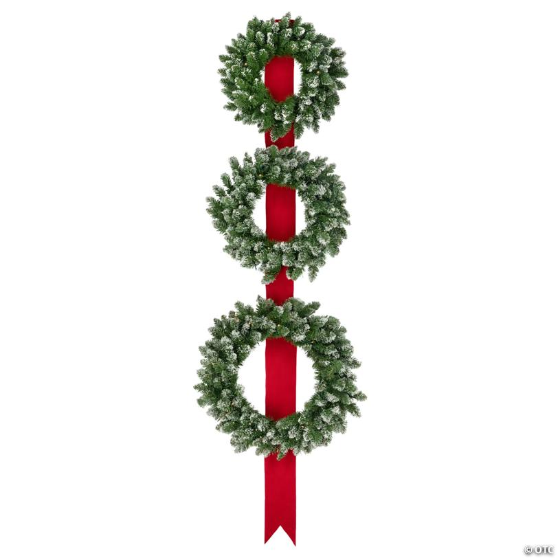 Set of 3 Pre-Lit B/O Flocked Wreaths on Red Ribbon Christmas Decoration  6.5'