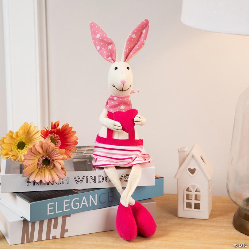 Sitting Girl Easter Rabbit Decoration with Dangling Legs - 16.5" - Cream and Pink