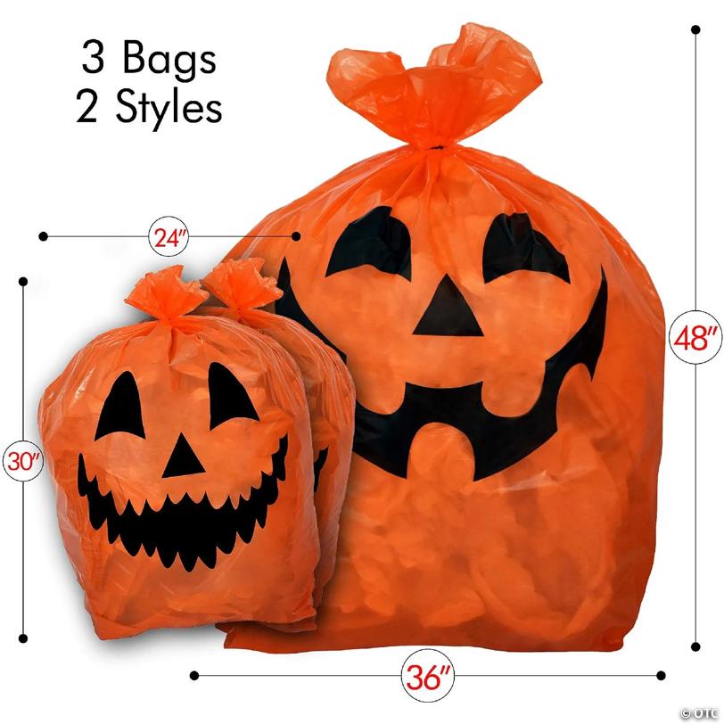 Skeleteen Pumpkin Leaf Bags Decorations - Jack O Lantern Outdoor Yard Fall Lawn and Leaves Pumpkins Decorating Bag with Ties - 3 Sizes
