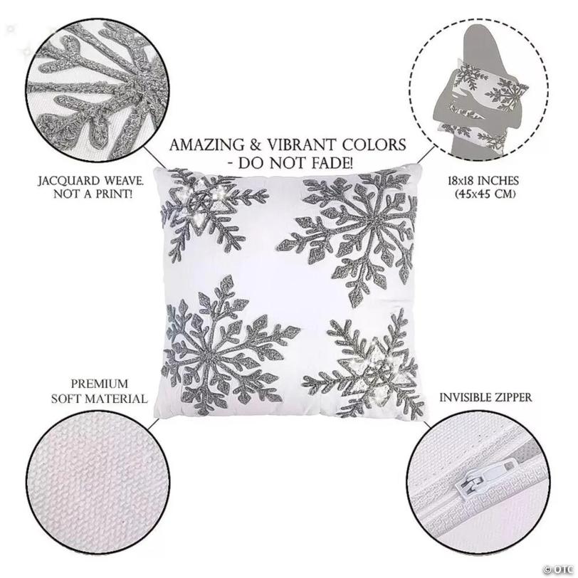 Snowflakes Decorative Throw Pillow, Embroidered Square Christmas Pillow 18x18