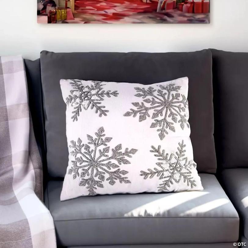 Snowflakes Decorative Throw Pillow, Embroidered Square Christmas Pillow 18x18