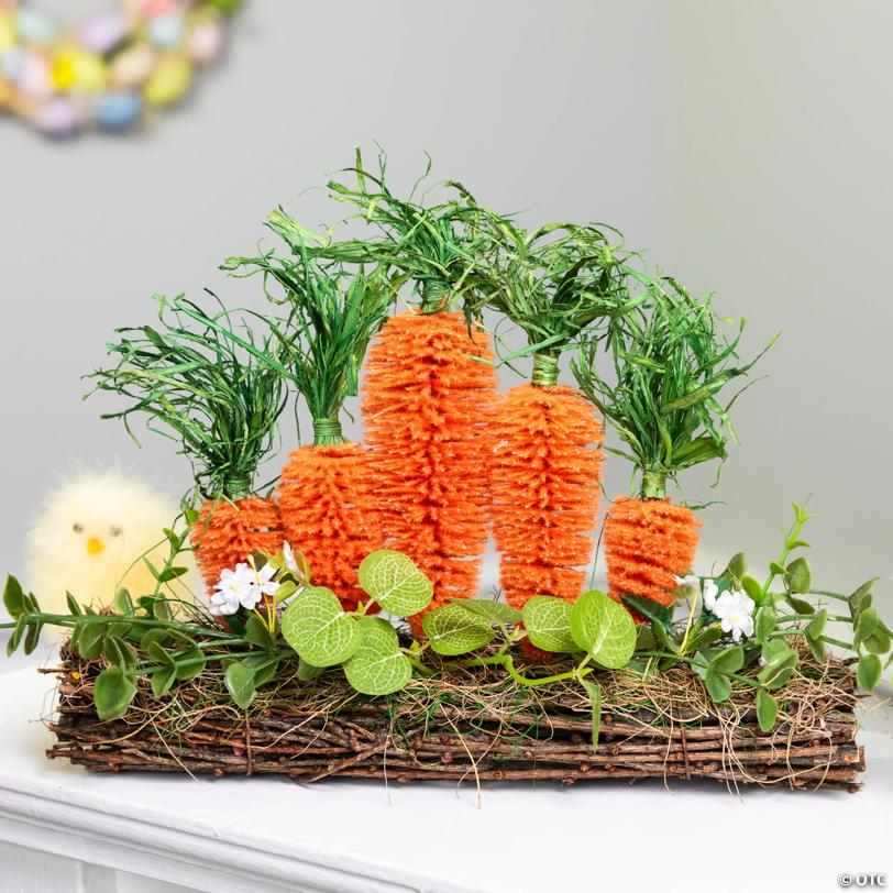Standing Carrots on Floral Foliage Twig Log Easter Decoration - 2