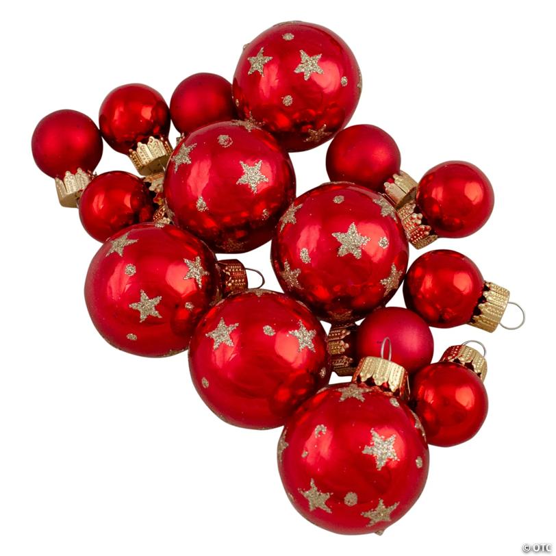 Star Christmas Glass Ball Ornaments with Tree Topper - Red - 16pc