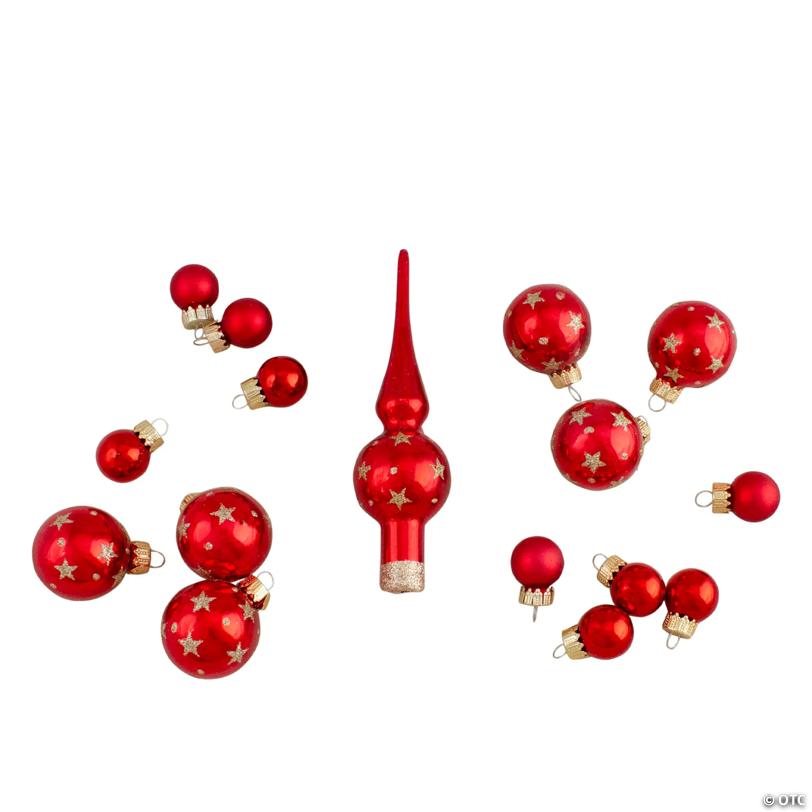 Star Christmas Glass Ball Ornaments with Tree Topper - Red - 16pc