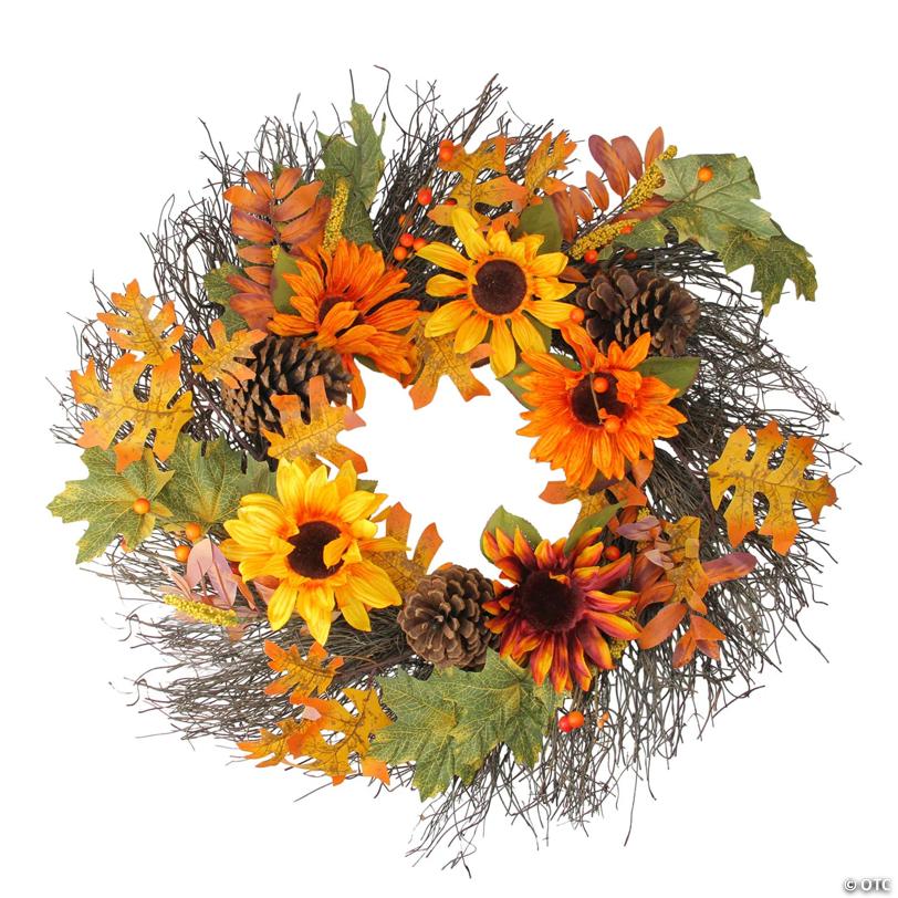 Sunflowers and Pine Cones Fall Artificial Thanksgiving Wreath - 24-Inch  Unlit