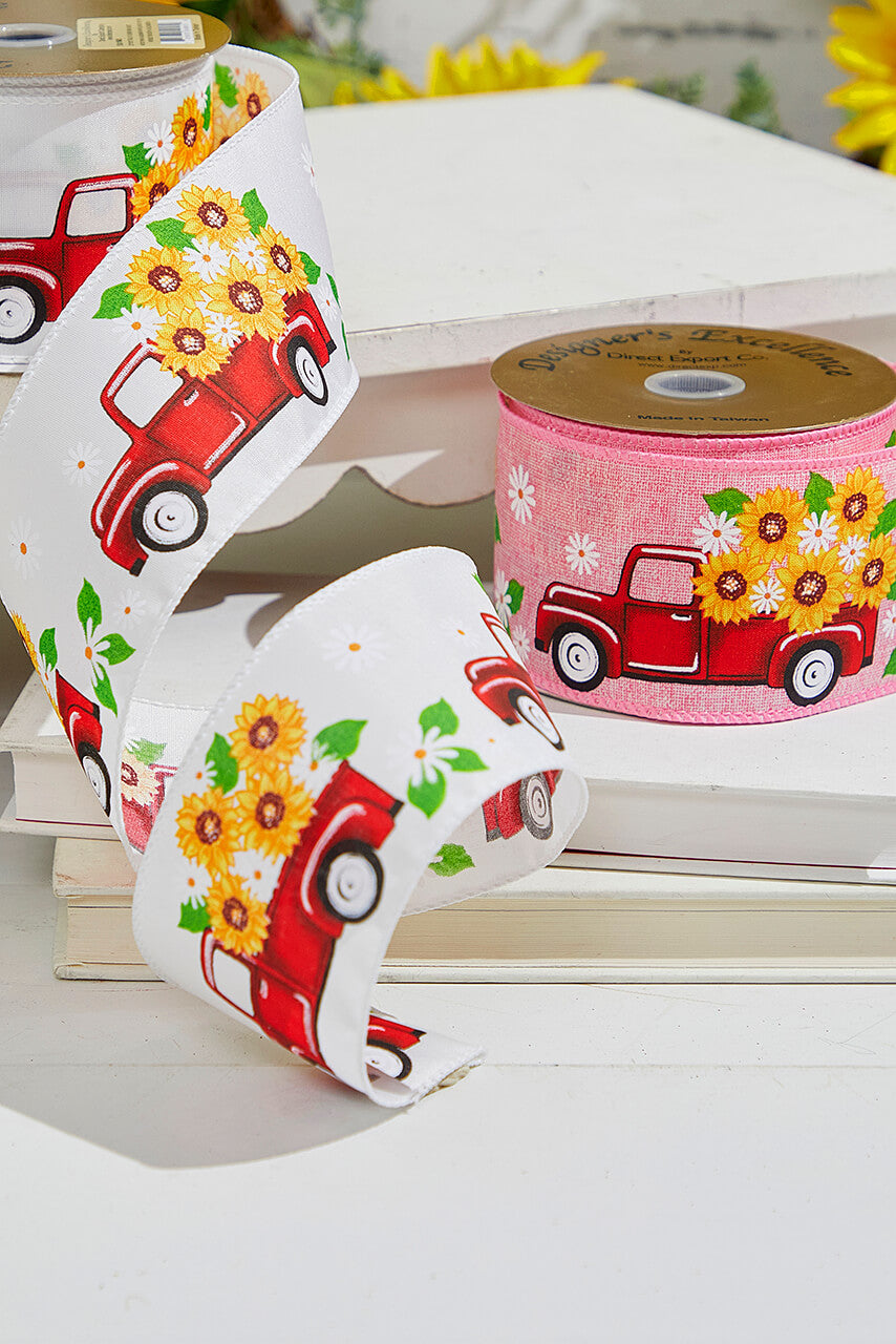2.5" x 10 Yards Truck with Flowers White Ribbon