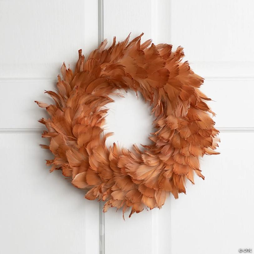 Two-Tone Feathers Christmas Wreath - 14.5" - Unlit - Rust Orange