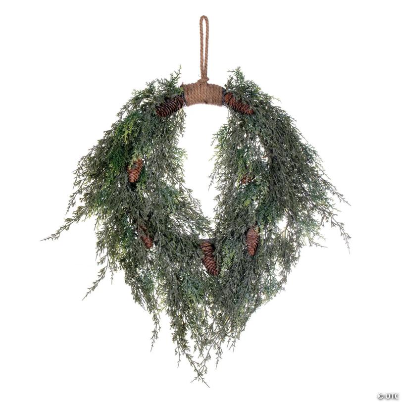 Vickerman 24" Artificial Snow Cedar Hanging Wreath with Pinecones.