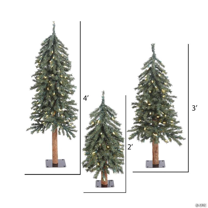 Vickerman 2' 3' 4' Natural Bark Alpine Artificial Christmas Tree Set, Warm White Dura-lit LED Lights