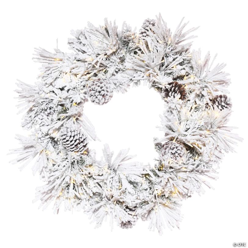 Vickerman 30" Flocked Atka Artificial Christmas Wreath, Warm White Wide Angle 3mm Low Voltage LED lights.