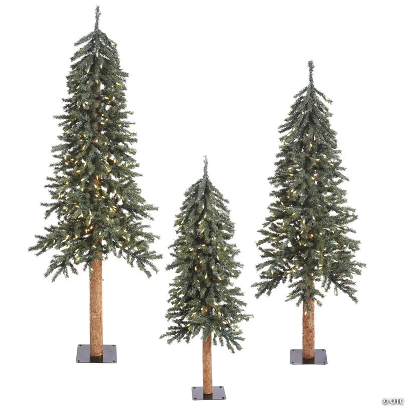 Vickerman 4' 5' 6' Natural Bark Alpine Artificial Christmas Tree Set, Warm White Dura-lit LED Lights