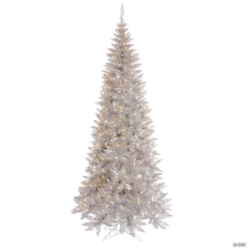 Vickerman 6.5' Silver Tinsel Fir Slim Artificial Christmas Tree, Warm White Dura-lit LED Lights