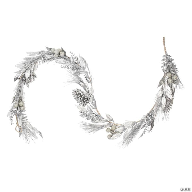 Vickerman 6’ Silver Artificial Pinecone Needle Berry Garland, Unlit