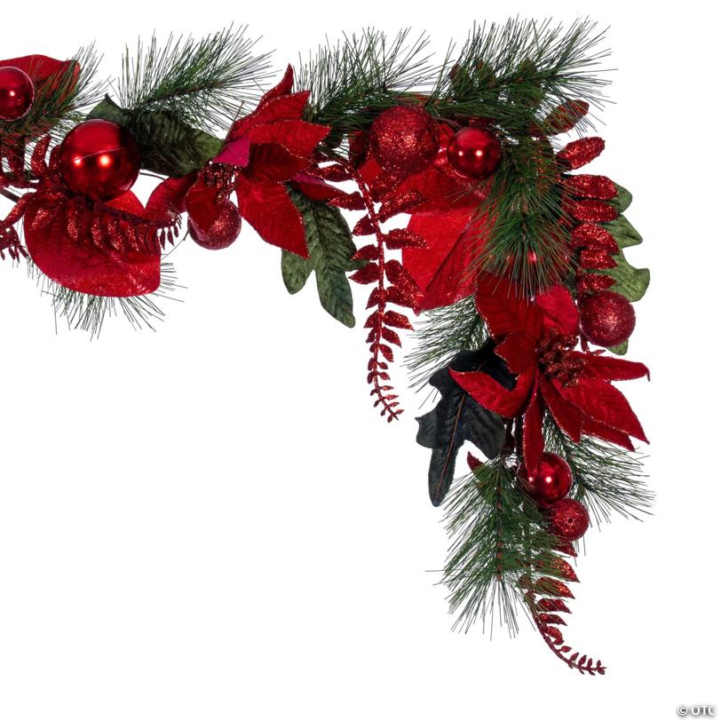 Vickerman 72" Merry Red Poinsettia, Ball, and Fern Decorated Garland.