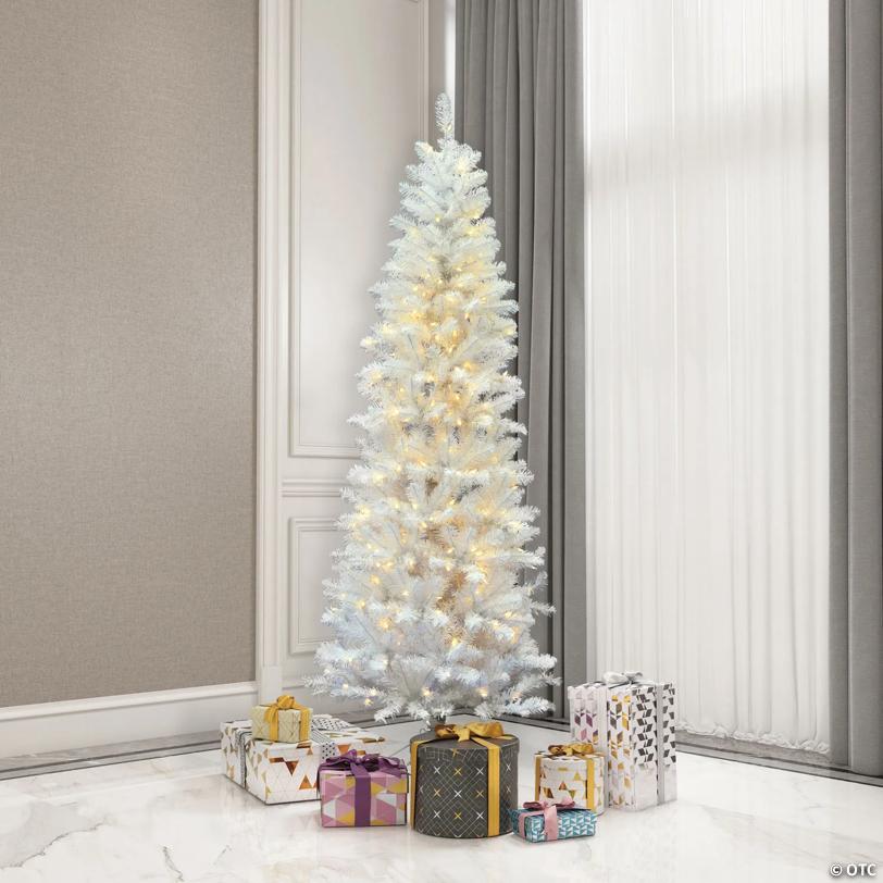 Vickerman 7.5' White Salem Pencil Pine Christmas Tree with Warm White LED Lights