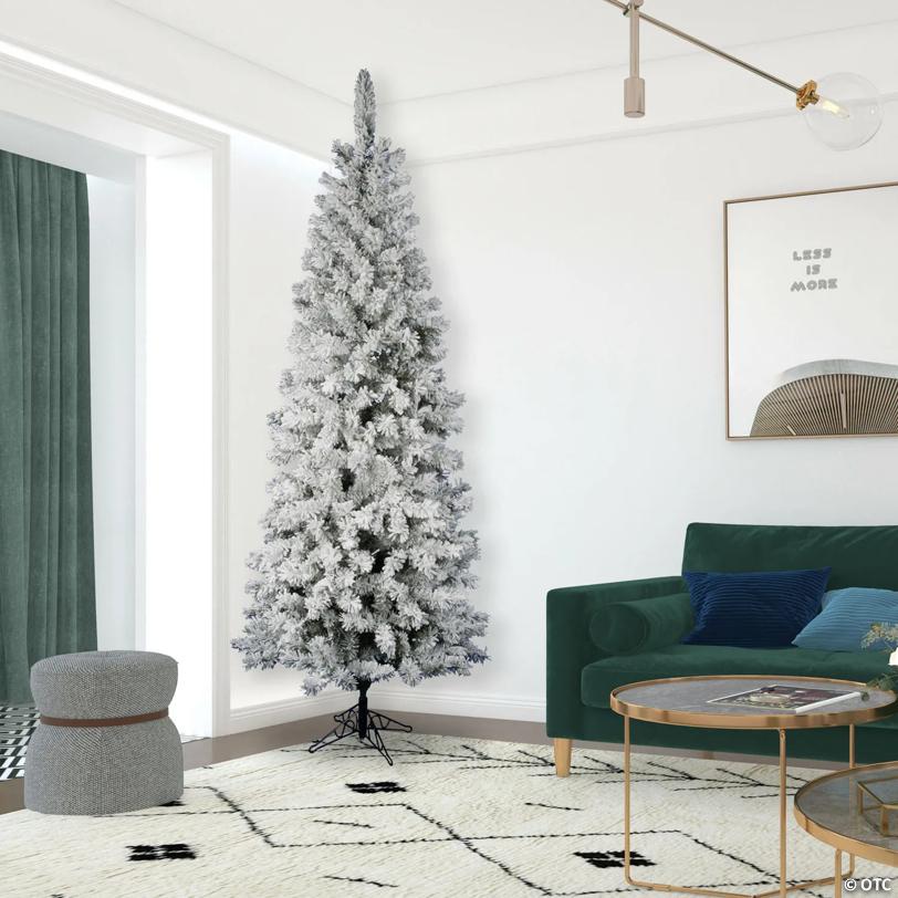 Vickerman 9.5' Flocked Pacific Pencil Artificial Christmas Tree, Unlit
