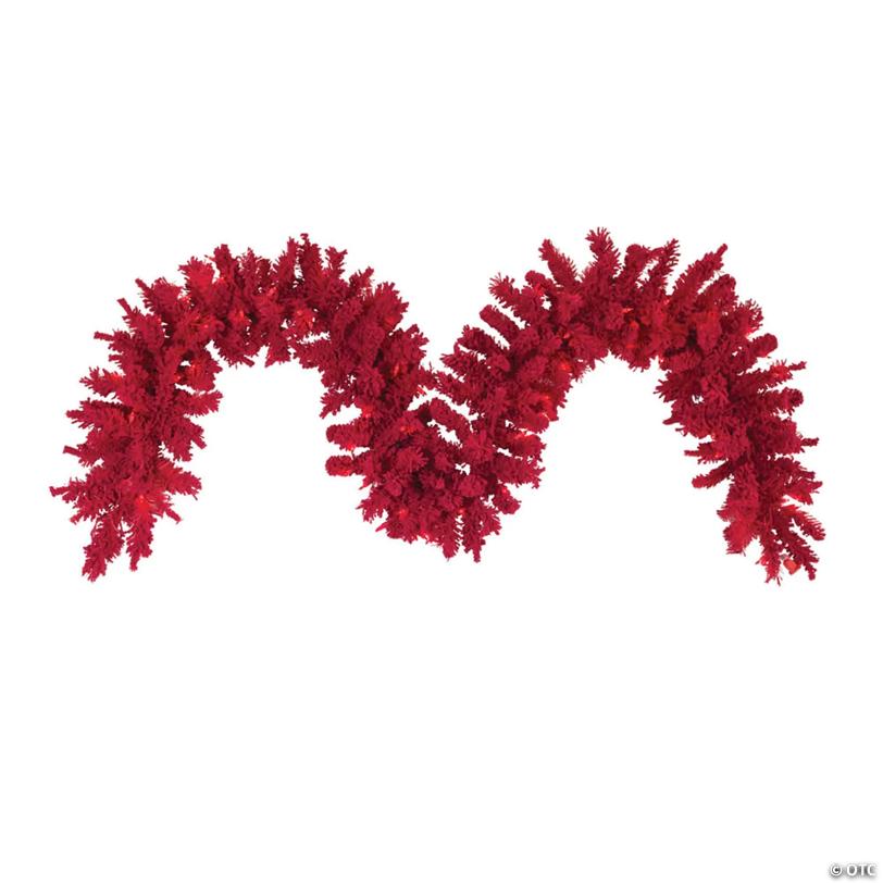 Vickerman 9' Flocked Red Artificial Christmas Garland, Red Dura-Lit LED lights.