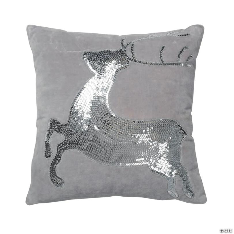 Vickerman White Silver Sequin Deer 18" x 18" Cotton Velvet Throw Pillow