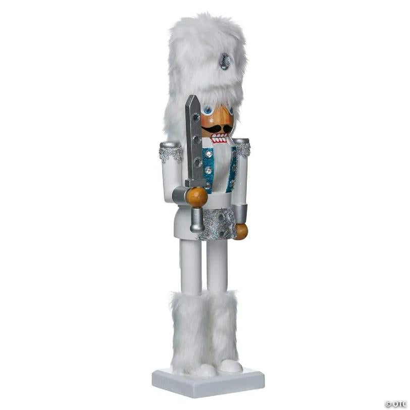 White Fur Hat Russian Holding a Sword Wooden Christmas Nutcracker 15 Inch
