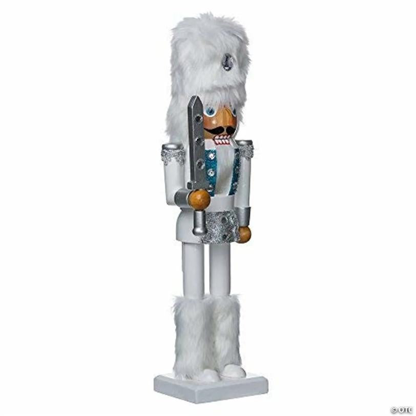 White Fur Hat Russian Holding a Sword Wooden Christmas Nutcracker 15 Inch