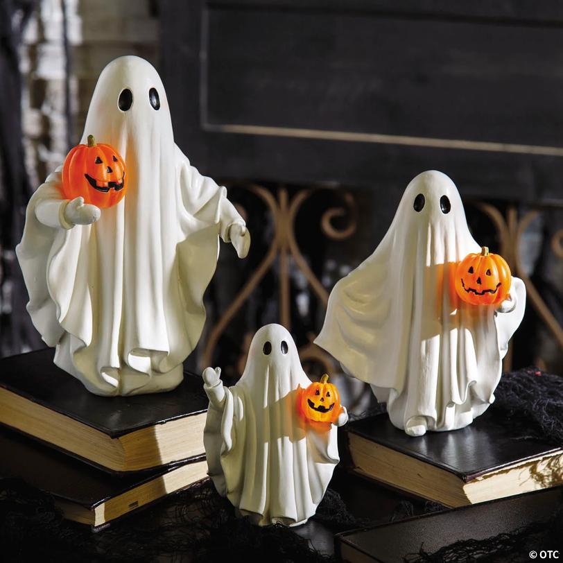 White Ghosts Holding Light-Up Jack-O'-Lanterns Resin Tabletop Decoration - 3 Pc.