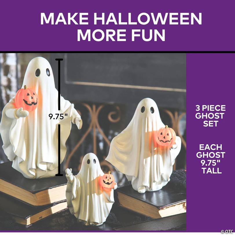 White Ghosts Holding Light-Up Jack-O'-Lanterns Resin Tabletop Decoration - 3 Pc.