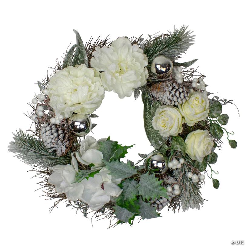 White and Silver Floral Flocked Pine Artificial Grapevine Christmas Wreath - 24-Inch  Unlit