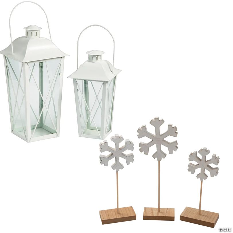 Winter-Themed White Lanterns & Snowflakes Tabletop Decorating Kit - 7 Pc.