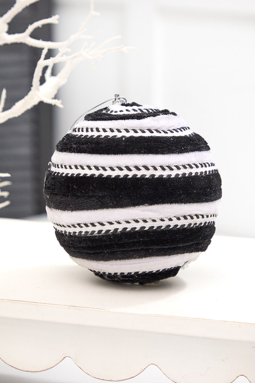 5" Black & White Velvet Stripe Ball Ornament