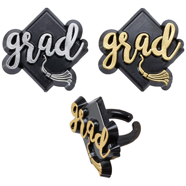 Graduation cupcake ring toppers GOLD Grad hats - 12 Gold count