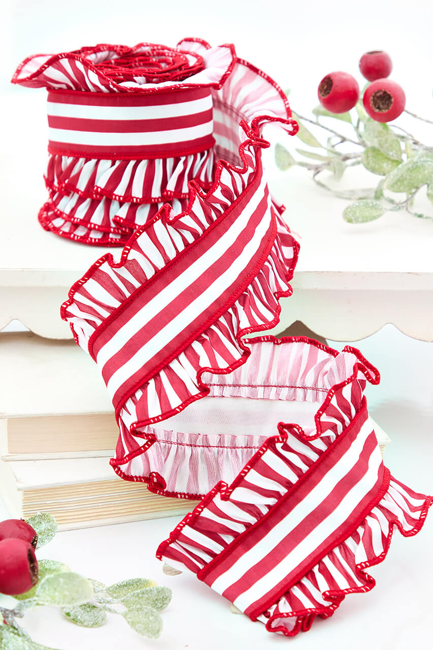 4" x 5 Yard Red & White Striped Ribbon with Pleated Edge