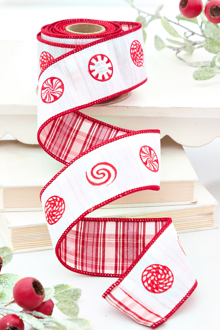 2.5" x 5 Yard Peppermint Embroidery on White Dupioni Ribbon