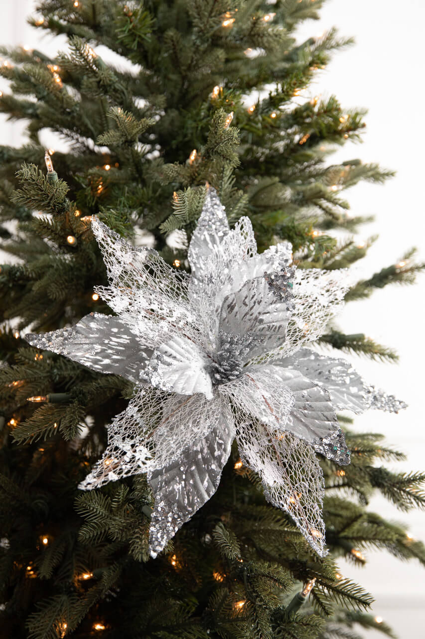 22” x 14" Velvet Sheer Poinsettia Stem - Silver
