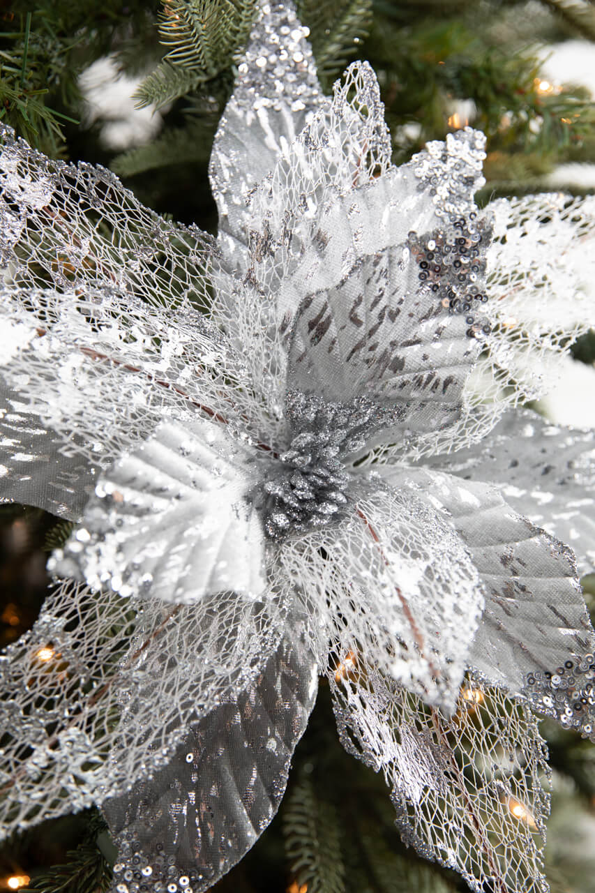 22” x 14" Velvet Sheer Poinsettia Stem - Silver