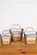 12" Galvanized Metal Harvest Scene Wall Hanging Buckets - Set of 3