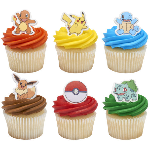 Pokémon Rings, Cupcake Decorations With Pikachu, Bulbasaur, Eevee, Charmander, Squirtle, and Poké Ball, Multicolored Food Safe Cake Toppers – 12 Pack