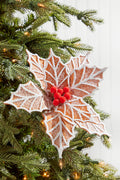22" x 12" Ginger and White Frosted Poinsettia Stem with Red Berries
