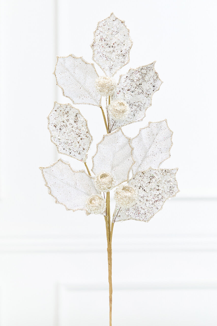27" Platinum Glitter Berry Leaf Spray