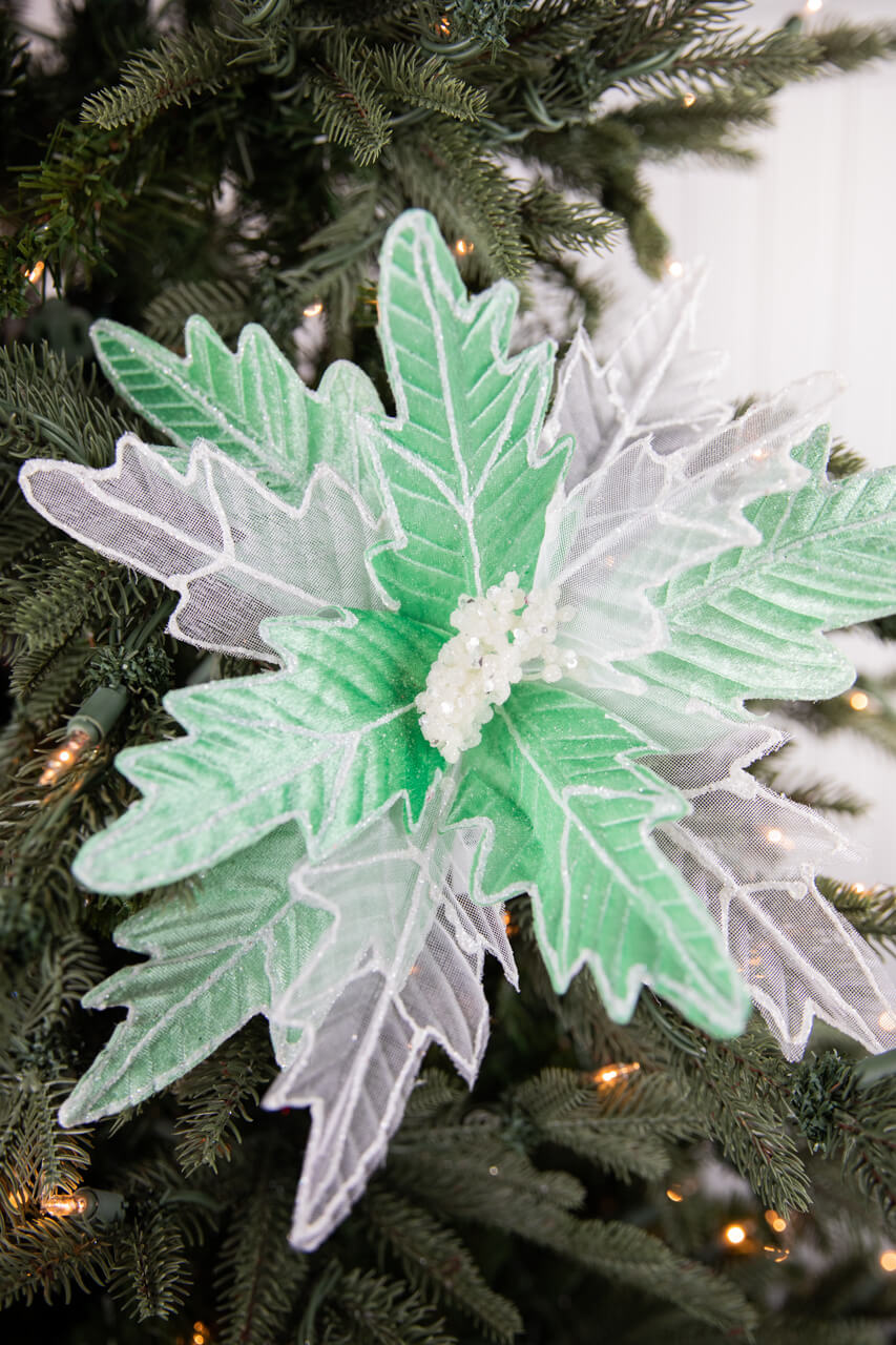 24” x 13" Green & White Frosted Glitter Poinsettia Stem